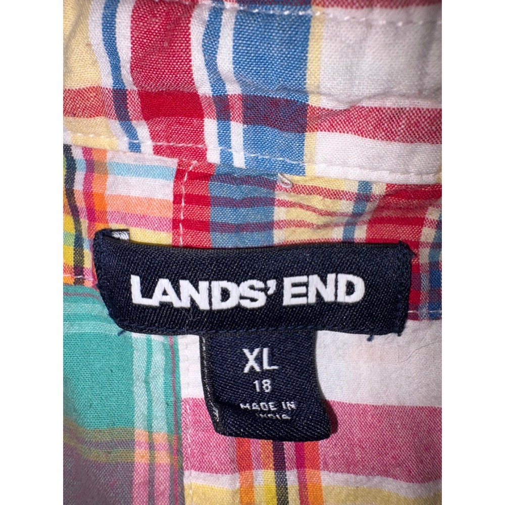 Lands End Womens XL Patchwork Madras Plaid Button Down Shirt Multi Color Preppy - Picture 2 of 8